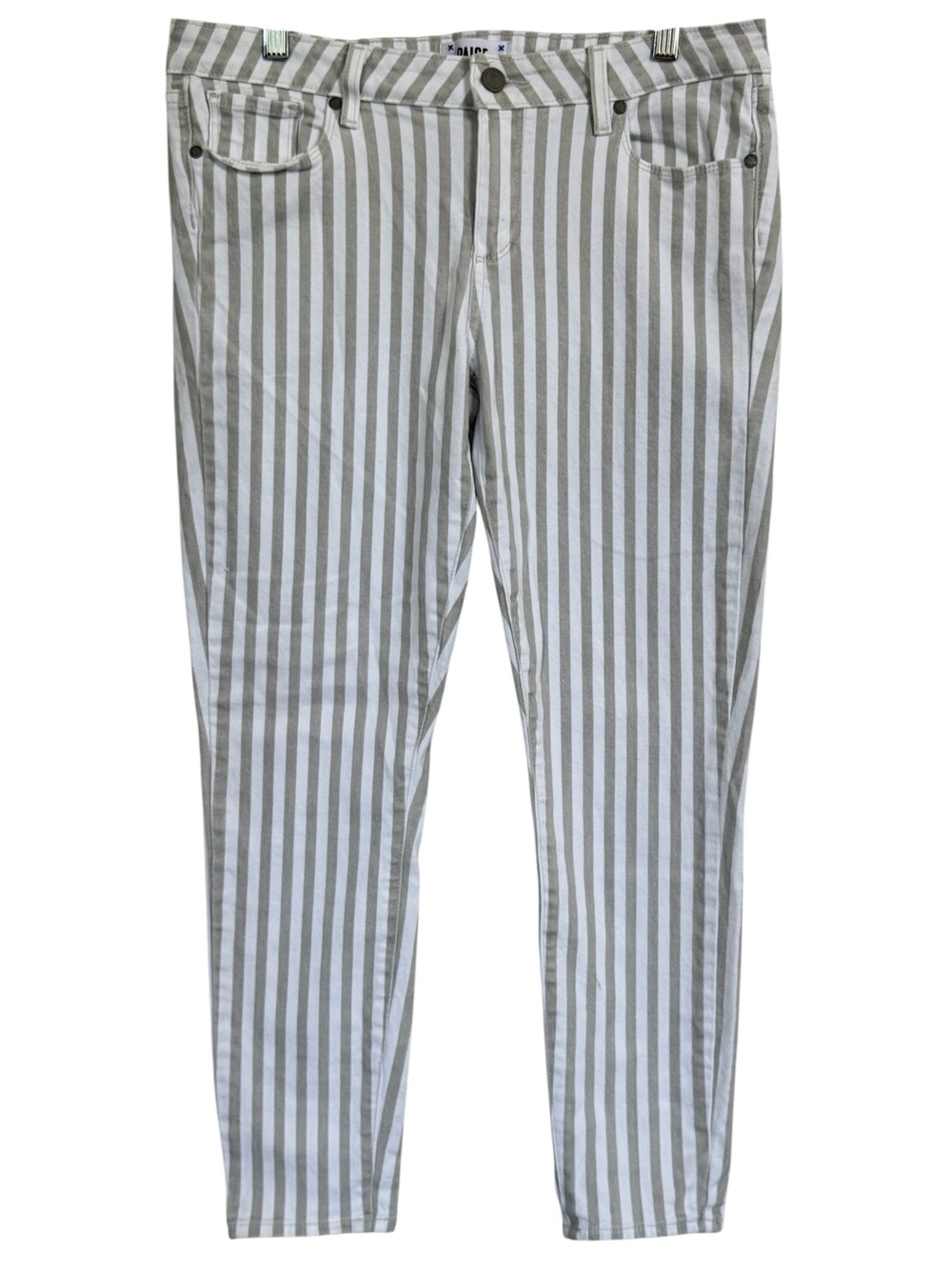 PAIGE Verdugo Ankle Mid-Rise Skinny Jeans Desert Khaki Striped Women’s Size 32